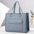Contrast color canvas tote bag with deep blue fabric and light blue faux leather handles - Sky Blue