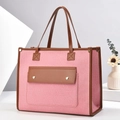 Pink and white canvas tote bag with brown leather trim and front flap pocket detail - Pink