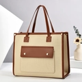 Minimalist canvas tote bag with brown leather trim and large capacity stylish design - Apricot