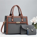Juego de 3 bolsos de lona para mujer con ribete de cuero marrón y textura denim azul - Bolso Tote Y Bolsa De Almacenamiento Y Tarjetero / Negro