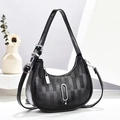 Minimalist black crescent shoulder bag with vintage faux leather and silver hardware - Black