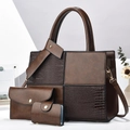 Three-piece brown PU leather tote bag set featuring stylish textured patchwork design - Coffee