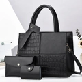 Three-piece black tote bag set with crocodile pattern texture and gold metal hardware - Black