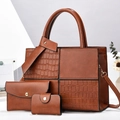 Three-piece brown tote bag set with crocodile pattern splicing and gold hardware accents - Earthy Yellow