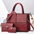 Three-piece red faux leather handbag set with croc texture and gold round hardware - Wine Red