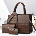 Three-piece set featuring a brown crocodile pattern tote bag, clutch, and card holder - Coffee