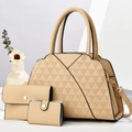 3-piece beige handbag set featuring a large tote with triangular embossed texture and pouch - Handbag, Clutch And Card Holder / Khaki