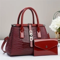 Deep red crocodile-embossed patent leather handbag set with matching envelope clutch - Handbag + Clutch 2-Piece Set / Red