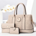 Beige 3-piece tote bag set with pebble leather texture and golden round metal logo - Three-Piece Set / Off White