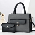 Fashionable woven tote bag set with black leather trim and golden metal clasp decoration - Black / 30x12x23cm