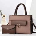 Detail of dark brown woven tote bag set with metal ring and matching envelope clutch - Coffee / 30x12x23cm