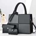 Set di tre pezzi composto da borsa tote patchwork nera e grigia con portafoglio e porta carte - Nero
