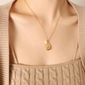Minimalist 18K gold plated necklace with irregular lava pendant and small white pearl - Gold