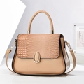 Detail of beige shoulder bag showing crocodile pattern flap and gold metal buckle - Khaki