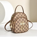 Chic checkered mini backpack with vintage floral pattern and flamingo emblem for women - Khaki