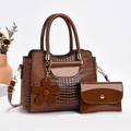 Brown crocodile pattern lacquer handbag set with small wallet and flower charm - Earthy Yellow
