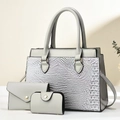 Σετ γυναικείες τσάντες τριών τεμαχίων με υφή κροκόδειλου σε ανοιχτό γκρι χρώμα - Γκρι