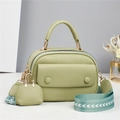Light green pebble leather handbag with mini pendant pouch and geometric woven strap - Green