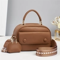 Brown Boston handbag with textured lychee leather pattern and geometric wide strap - Earthy Yellow