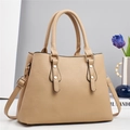 Elegant beige lychee leather tote bag with gold rivets and detachable shoulder strap - Khaki