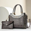 Dark grey crocodile embossed tote bag set with matching pouch and golden hardware accents - Gray