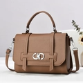 Detail of brown litchi grain leather handbag with silver double-ring metal buckle lock - Khaki