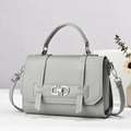 Grey lychee pattern leather handbag with silver CD buckle and adjustable shoulder strap - Gray
