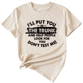 Detail of funny slogan print and stylish front knot on a beige crew neck cotton T-shirt - S / Sand