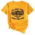 Close-up of bright yellow cotton t-shirt featuring black bold slogan and side knot detail - S / Mustard Yellow
