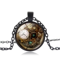 Punk steampunk necklace with mechanical clock gear pattern on a black round pendant - Black
