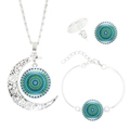 Mandala-Schmuckset mit Mondhalskette, Ohrringen und Armband in Silberoptik - Blau Grün Gelb Mandala (S8012)