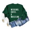Vista plana de sudadera verde con estampado WEEKENDS COFFEE WRESTLING y puños elásticos - S / Verde Oscuro (Letra Blanca)