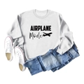 Mise à plat d'un sweat-shirt blanc avec texte AIRPLANE MODE et motif d'avion - S / Blanc (Police Noire)