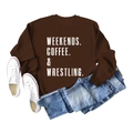 Detail of dark brown crewneck sweatshirt with white WEEKENDS COFFEE WRESTLING print - Coffee (White Letter)