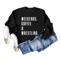 Detail of black crewneck sweatshirt with white WEEKENDS COFFEE WRESTLING slogan text - Black (White Letter)