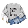 Flat lay of gray crewneck sweatshirt with black Weekends Coffee text and jeans - Gray (Black Letter)