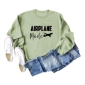 Mise à plat du sweat vert à col rond avec motif noir Airplane Mode et icônes - S / Vert Olive (Police Noire)