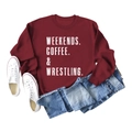 Flat lay of deep red sweatshirt featuring Weekends Coffee text with jeans and shoes - Wine Red (White Letter)