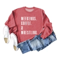 Flat lay of red sweatshirt with Weekends Coffee print and denim shorts for autumn style - Red (White Letter)
