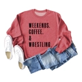 Flat lay of a red sweatshirt featuring Weekends Coffee & Wrestling print with denim shorts - Red (Black Letter)