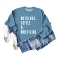 Flat lay of blue crewneck sweatshirt with white typography and denim jeans styling - Blue (White Letter)