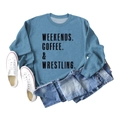 Flat lay of blue crewneck sweatshirt with Weekends Coffee and Wrestling text print - Blue (Black Letter)