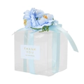 Clear square PET cake box with light blue ribbon floral decoration and thank you label - Light Blue Decoration