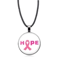 Detail of round HOPE pendant with pink ribbon on black braided leather cord necklace - HOPE Ribbon Letter Pattern (XSWX4288-2)