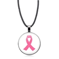 Macro shot of the Pink Ribbon pendant with glass dome on a black cord necklace - Classic Pink Ribbon Pattern (XSWX4288-3)