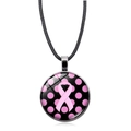 Breast cancer awareness necklace featuring pink ribbon glass pendant on black cord - Pink Ribbon Polka Dot Style (XSWX4287-1)