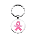 Close-up of silver metal keychain with pink breast cancer ribbon and Fighter text engraving - Fighter Pink Text Style (XSWX42892-5)