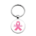 Detailed macro view of the silver metal keychain with Hope text and pink ribbon charm - Hope English Logo Style (XSWX42892-6)