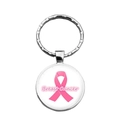 Detailed close-up of a silver metal keychain featuring a breast cancer pink ribbon glass pendant - Breast Cancer Text Style (XSWX42892-7)