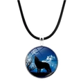 Howling wolf moon glass pendant necklace with black braided cord for men and women - Lone Wolf Moon Night Silhouette (JY00576-1)